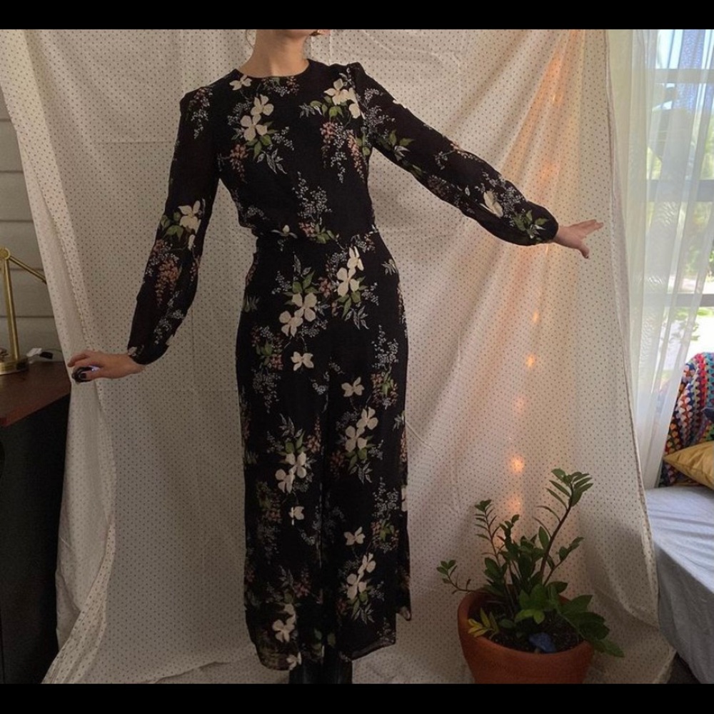 Reformation Black Floral Long-Sleeve Jumpsuit